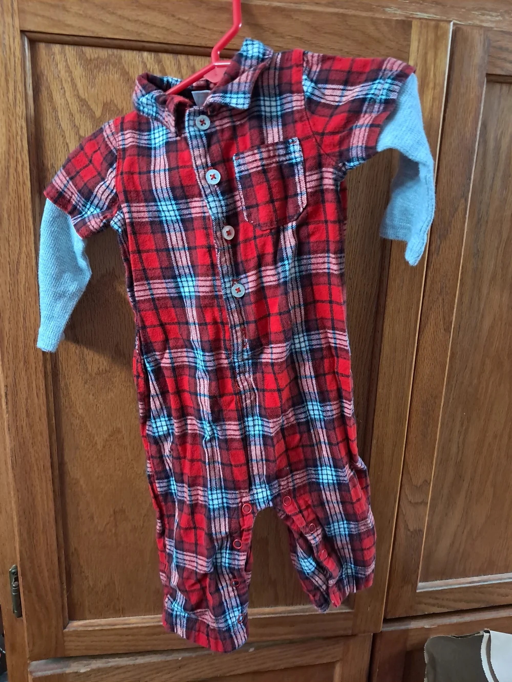 Kids Red Plaid One-Piece Romper with Heather Gray Sleeves